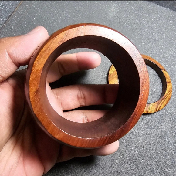 Wooden Boho Hand Made Brass Diamond Shape Inlay Cuff Bracelet Lot Of 2 Bracelets - Picture 5 of 11